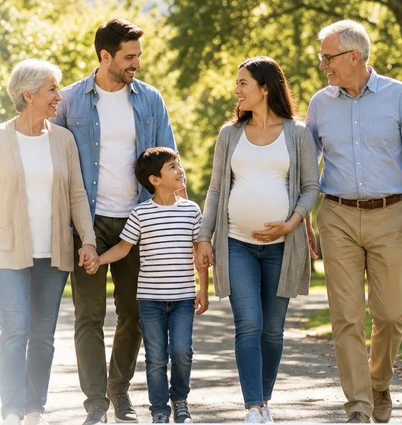 Familia de tres generaciones caminando por un parque