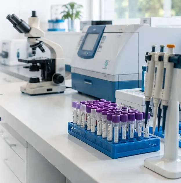 Mesada del laboratorio con tubos de muestras